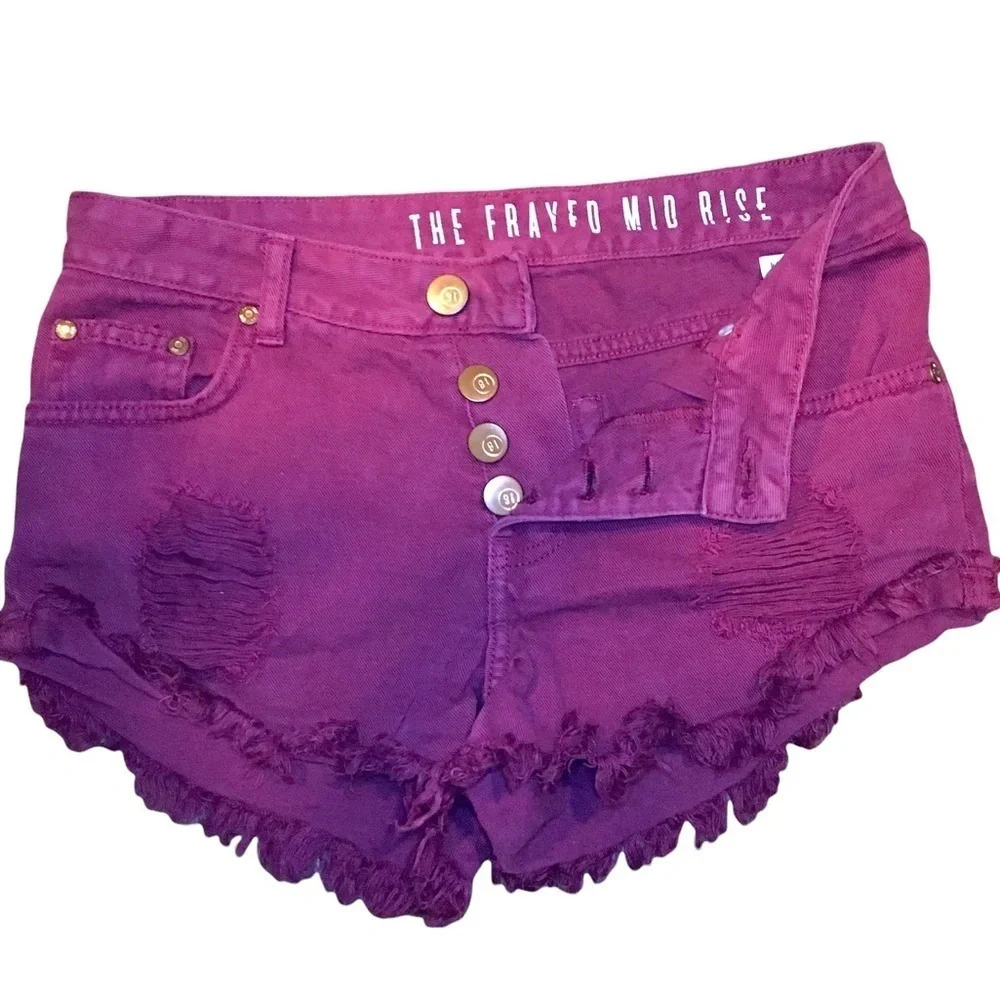 Cotton On The Frayed Mid Rise Denim Shorts Burgundy / Maroon Ombre Size 2